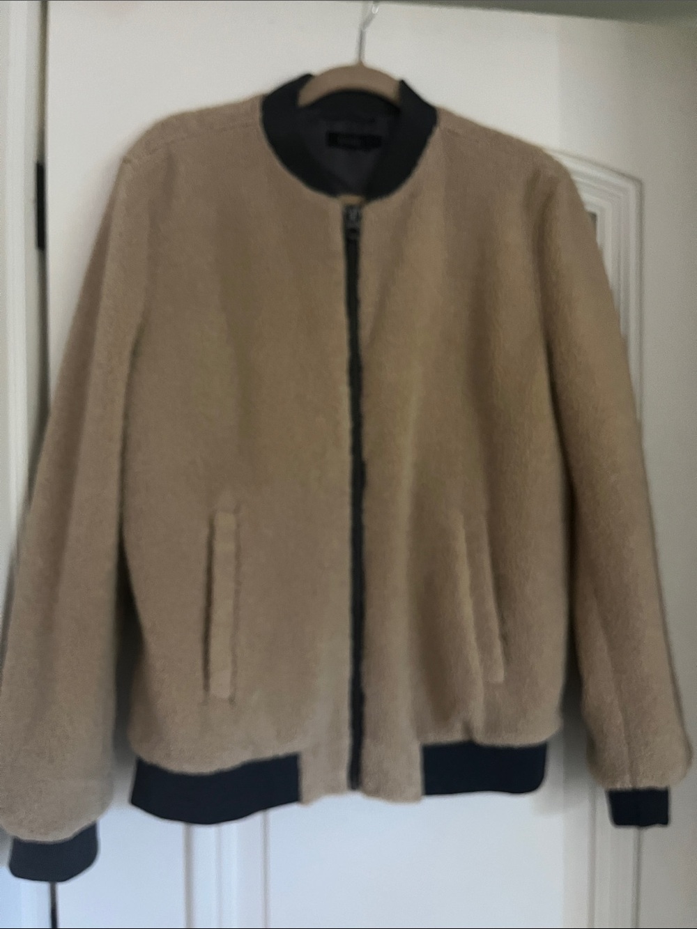 Truth Beige Teddy Bomber Jacket with Black Trim /unisex